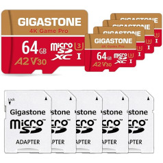Gigastone 4K Game Pro 64GB MicroSDXC atmiņas karte 5 pakotne un SD adapteris ar A2 lietotnes veiktspēju līdz 95MB/s 4K video ierakstīšanai, saderīgs ar slēdzi, Micro SD karte UHS-I U3 V30 Class 10