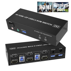 DP + HDMI KVM slēdzis 2 datori, 2 monitori, 4K @ 60 Hz HDMI DisplayPort paplašinātā displeja slēdzis 2 datoriem. Koplietojiet 2 monitorus un 3 USB 3.0 portus, kabeļa tālvadības pulti un USB kabeli.