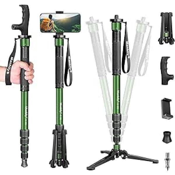 Manbily kameras monopods ar statīvu un alumīnija spieķa rokturi, 5 sekcijas līdz 180 cm, pārgājienu nūjas, ceļojumu monopods, pārnēsājams, kompakts, viegls ar kājām, maks. 10 kg, DSLR kamera, video