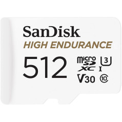 SanDisk augstas izturības microSDXC atmiņas karte 512 GB + adapteris (dash kamerām un privātajām drošības kamerām, lasīšanas ātrums 100 MB/s, V30 Full HD un 4K video)