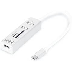 DIGITUS USB 2.0 Typ-C 3-portu centrmezgls ar Kartenleser, 1x MicroSD ports, Weiß, 81x23x16mm
