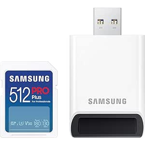 Samsung PRO Plus SD atmiņas karte (2023) (MB-SD512SB/WW) 512 GB UHS-I U3 Full HD un 4K UHD 180 MB/s Lasīšana 130 MB/s rakstīšana SLR kamerām un sistēmas kamerām ar USB karšu lasītāju