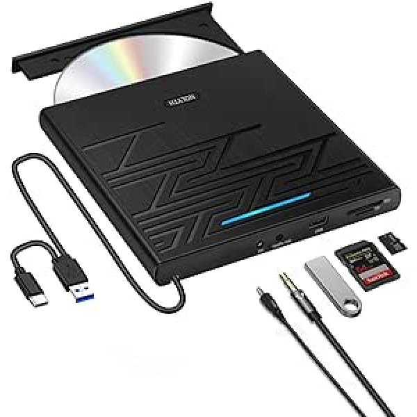 NOLYTH ārējais DVD disks CD disks Ārējais USB 3.0 tipa C CD DVD RW rakstītājs ar USB un SD/TF un audio izvadi, pārnēsājamā optiskā diskdziņa CD/DVD diskdziņi personālajam datoram klēpjdatoram Windows 11/10 Mac MacBook Apple iMac