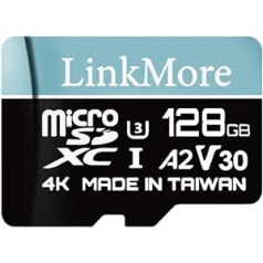 LinkMore 128 GB Micro SDXC karte, XV23 Lite A2 UHS-I U3 V30 Class 10 saderīga, lasīšanas ātrums līdz 100 MB/s, rakstīšanas ātrums līdz 85 MB/s, iekļauts SD adapteris