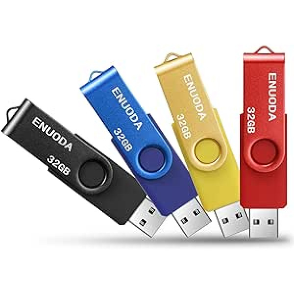 ENUODA USB zibatmiņas zibatmiņa 32 GB 4 USB atmiņas zibatmiņas pakotne, rotējoša metāla daudzkrāsaina liela ātruma USB 2.0 zibatmiņas diska pakotne personālajam klēpjdatoram (dzeltens, sarkans zils, melns)