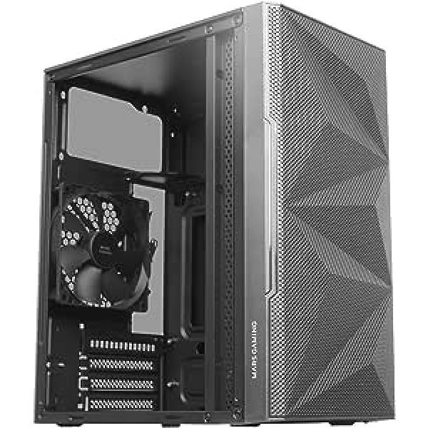 Mars Gaming MC-1500, kompakts MicroATX korpuss, rūdīta stikla sānu logs, ģeometrisks kopējais acu priekšpuses dizains, 1 x īpaši kluss 120 mm FDB ventilators, melns