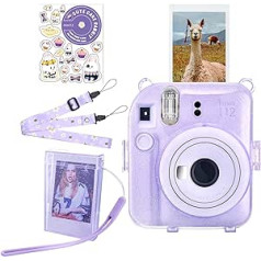 HIYQIN Fuji Mini 12 Case, Transparent Protective Case Compatible with Fujifilm Instax Mini 12 Camera, Semi-transparent glitter purple, Transparent glitter case for Fuji Mini 12 with accessories