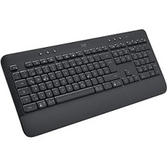 Logitech Signature K650 Comfort bezvadu tastatūra ar plaukstas balstu, BLE Bluetooth/Logi Bolt USB uztvērējs, mīksta pieskāriena tastatūra, cipartaustiņš, PC/Windows/Mac, vācu QWERTZ — pelēks