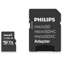 Philips SDXC karte 512 GB + SD adapteris UHS-I U1 Lasa līdz 80 MB/s A1 Fast App Performance V10 atmiņas karte viedtālruņiem, planšetdatoram, karšu lasītājam