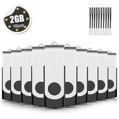 Eastbull USB 2.0 Flash Memory-Sticks, zur Speicherung von Daten, zusammenklappbar, 10 Stück, mit Lanyard schwarz Schwarz 2 GB