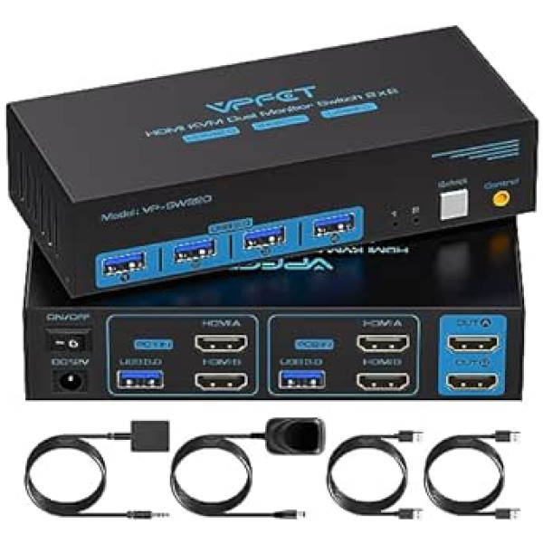 USB 3.0 HDMI KVM Switch 2 PC 2 Monitors Unterstützt 4K@60Hz Kopierīces un tālvadības pultis, KVM slēdži 2 datoram, divi divi monitori un 4 USB slēdži.