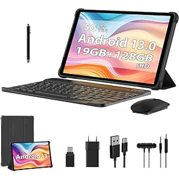 LNMBBS Android 13 planšetdators 10 collas, 19 GB RAM + 128 GB ROM (1 TB TF), astoņkodolu 2,0 GHz planšetdators, FHD planšetdators ar 5G WiFi, BT5.0, 8 MP+13 MP, 8000 mAh, Google planšetdators ar tastatūru un peli