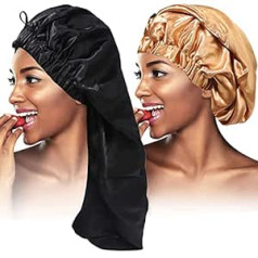 ‎Ouoobea 2xSatin Hair Braid Bonnet Foldable Extra Long Braid Bonnet with Button Soft Hair Sleep Cap for Black Women Large Loose Hair Cap for Dreadlocks (Black+Gold)