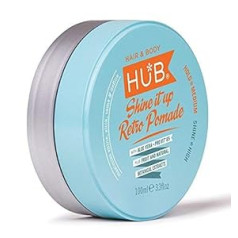 HUB Shine it up Retro pomādes veidošanas produkts - 100g / 100ml x 1. Vidēja noturība un augsta spīduma apdare. Matu vasks vīriešiem un sievietēm. Deluxe un Best, salona profesionālais sastāvs (špakteles, māla vai vaska kategorijas produkts)