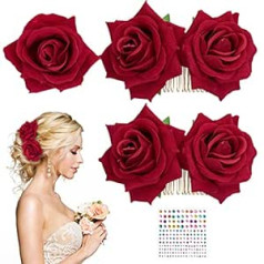 Wednok Rose Hair Comb Matu Aksesuāri Kāzu Ziedi Galvassegas Līgavas Matu ķemme Red Rose Crown Comb Matu saspraude Kāzu dekorācija kāzu dekorēšanai Karnevāla Helovīna iepakojums pa 3