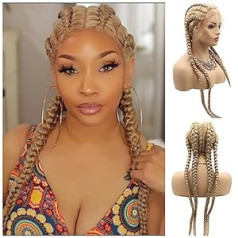 Rainahair Blonde 76.2 cm Hand Braided Synthetic Lace Front Cornrow Braids Wigs Double Dutch Braids Lightweight Swiss Soft Lace Frontal Twist Braided Wigs with Baby Hair ..