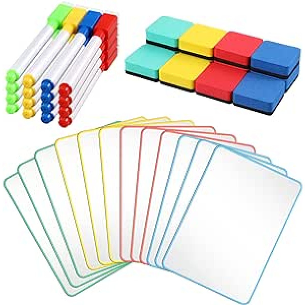 Mini tāfele, trocken abwischbar, 22,9 x 30,5 cm, doppelseitig, klein, für Kinder, trocken abwischbar, mit 12 Stiften, 12 Radiergummis für Klassenzimmer, Schulanfang, Geschenk, Lehrer, Schüler,