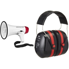 MONACOR Stageline TM-10 Megaphone & 3M Peltor Optime III Capsule Ear Protectors Black/Red - Adjustable Ear Muffs with Double Shell Technology for Maximum Cushioning