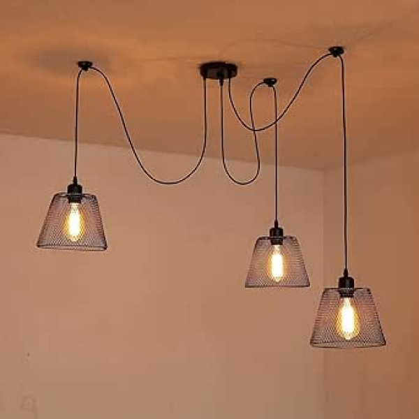 LANTING Vintage kulonu lampu ēdamgalda augstums, regulējams DIY piekarināms gaisma, melna viesistaba ar 2 m piekarināmu vadu, lustras metāla abažūrs, 3 spuldzes, E27 x 3