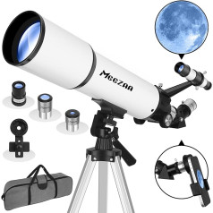 MEEZAA astronomijas teleskops, teleskops pieaugušajiem, 80 mm atvēruma 600 mm refraktora teleskops profesionālis bērniem un iesācējiem ar statīvu, viedtālruņa adapteris planētu un mēness novērošanai