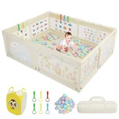 Baby Playpen, 200 x 160 cm, Extra Large Playpen for Apartment, Children's Playpen with Soft Breathable Mesh, Includes 50 Balls, 6 x Pull Rings, 1 x Ball Storage Basket, Beige