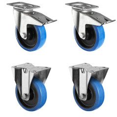 CASCOO SETTPFP160R4F1R0N Wheel Set 2 Swivel Castors with Locking Mechanism 2 Fixed Castors Polyamide Elastic Blue Rubber Diameter 160 mm Roller Bearing Transport Castors Load 900 kg Pack of 4