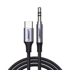 Stereo audio kabelis AUX 3,5 mm mini ligzda - USB-C telefona planšetdatoram 1m melns