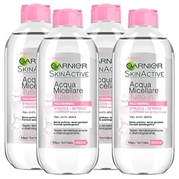 Garnier SkinActive micelārais viss vienā ūdens jutīgai ādai, nomierinoša tīrīšana, neskalojama seja, acis, lūpas, hipoalerģiska formula, bez smaržām, 4 x 400 ml pudeles