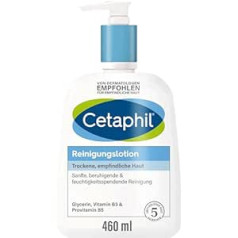 Cetaphil tīrīšanas losjons, 460 ml, sausai, jutīgai ādai, sejas tīrīšanai, var lietot ar ūdeni un bez tā, maigi un efektīvi noņem netīrumus, bez ziepēm, neapdeg acis