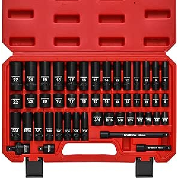 CASOMAN 3/8 inch drive impact socket set, 48 piece standard SAE and metric sizes (5/16 inch to 3/4 inch and 8-22 mm), 6 points, Cr-V steel socket set