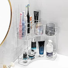 2 Tier Bathroom Corner Organizer with Toothbrush Holders for Cosmetics, Toiletries, Lotions, Perfume