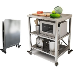 AMSXNOO Stainless Steel Work Table, 3 Levels, Foldable Serving Trolley, Stainless Steel Trolley, Kitchen Table with 4 Wheels, Stainless Steel, Food Preparation Table, Microwave Holder, Spac