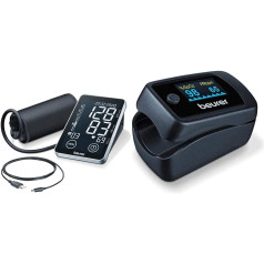 Beurer BM 58 Upper Arm Blood Pressure Monitor & PO 45 Pulse Oximeter, Measurement of Oxygen Saturation (SpO2), Heart Rate (Pulse) and Perfusion Index (PI), Painless Application, Colour Display