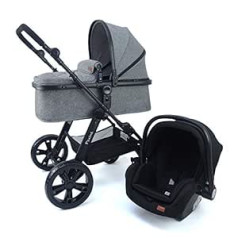 Pixini Arizona 3-in-1 Pushchair with Carrycot & Buggy & Car Seat – Aluminium Frame – with Accessory Pack (Grey Melange)