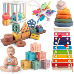 Aliex Baby Toy from 6 9 12 Months 1 2 3 Years, 6 in 1 Montessori Toy Motor Skills Toy Xylophone Stacking Tower Wooden Toy Motor Skills Cube Baby Gift Boy Girl