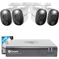 Swann 4 Channel 4 kameras drošības sistēma Vadu novērošanas 1080P HD DVR 1TB HDD Audio ieraksts pret laikapstākļiem krāsu nakts redzamības siltuma un kustības sensors Alexa + Google SWDVK-445804WL
