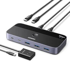 UGREEN USB Switch 2PC 10Gbps USB 3.2 Switcher 2 in 4 Out USB C slēdzis ar galddatora kontrolieri USB slēdzis Alumīnija korpuss ar 2USB C uz C kabeļiem tastatūrai, pelei, printerim, USB stick utt.