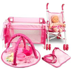 ANIVIA 5 Pieces Baby Doll Pram Set with Baby Doll Accessory Set Includes Doll Pram / Doll Crib / Play Mat / Feeding Toy / Nappy Bag