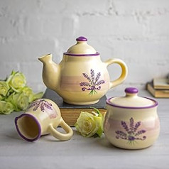 City to Cottage® - Small Tea Coffee Set | Lavender Motif | Handmade | Ceramic Teapot Coffee Pot 750 ml, Milk Jug, Sugar Bowl