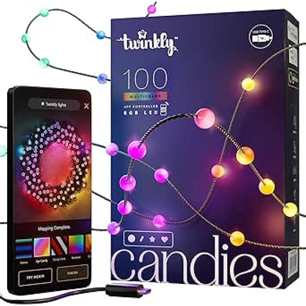 Twinkly Candies — Fairy Lights ar 100 RGB LED — Ar lietotni vadāms Ziemassvētku rotājums — Darbināms ar USB C — Ziemassvētku lampiņas iekštelpām, 6 m, pērle, zaļš vads