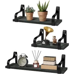 Flexzion Rustic Floating Shelf, Set of 3, Wall Shelf, Hanging Shelf, Wooden Shelf, Oak Shelf, Free-Floating U-Shape Wall Board, Picture Frame, Vintage, Bookcase, Kitchen Shelf - Dark Grey