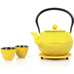 Echtwerk čuguna tējas komplekts, tējkanna 1,1 l ar noņemamu sietiņu, tējas automāts ar apakštasīti, vintage dizaina tējkannas komplekts beramās tējas pagatavošanai, dzeltens