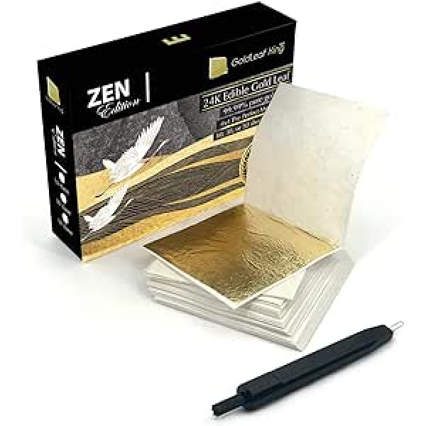 99,99% tīra zelta ēdamā zelta lapu 24K GoldleafKing Zen Edition 10, 30, 50 loksnes x 4,1 cm | 4 x 4 cm ideāls vidējais izmērs (Zen Edition – 30 loksnes)