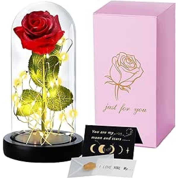 TWBEST Beauty and the Beast, Eternal Rose in Glass with LED Light, Everlasting Real Roses, 1 Valentine's Day Card, Personalised Gifts for Women, Valentine's Day, Mother's Day, Wedding