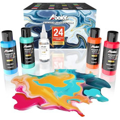 ABEIER Pouring Acrylic Paint, 60 ml Bottles, 24 Colours and Silicone Oil (30 ml), Premixed, High Flow, Gloss Finish, Paint for Pouring on Canvas, Glass, Paper, Wood, Tiles, Stones and More