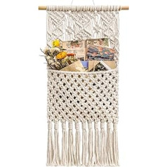 Mkouo Makramee žurnāla uzglabāšanas organizators pie sienas stiprināma kokvilnas auduma iekarināma kabata, Boho mājas dekors, ziloņkaula krāsa, 33 cm (W) x 73 cm (G)