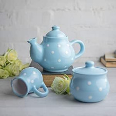 City to Cottage® - Small Tea Coffee Set | Light Blue and White | Polka Dots | Handmade | Ceramic Teapot Coffee Pot 750 ml, Milk Jug, Sugar Bowl