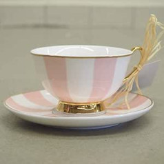 Bombay Duck Stripy Pinke und weiße und goldene Teetasse und Untertasse