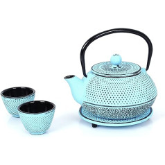 Echtwerk čuguna tējas servīzes tējkanna 0,8L ar noņemamu sietiņu, tējas automāts ar apakštasīti un 2 tējas krūzes, vintage dizaina tējkannas komplekts beramās tējas pagatavošanai, gaiši zils