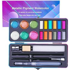 LIGHTWISH Watercolour Paint Set, 18 Colours Glitter Watercolours (12 Metallic Colours and 6 Chameleon Colours), Portable Travel Watercolour Paint Set with Water Brush, Pencil, Eraser, Watercolour